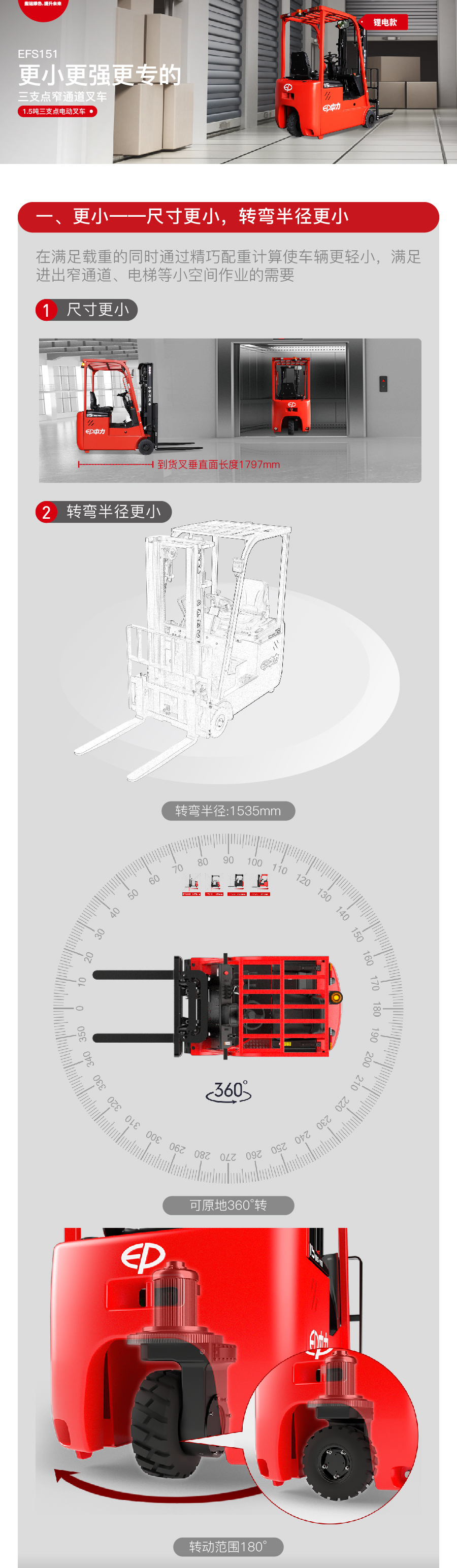 1.5噸三支點(diǎn)平衡重式電動叉車EFS151